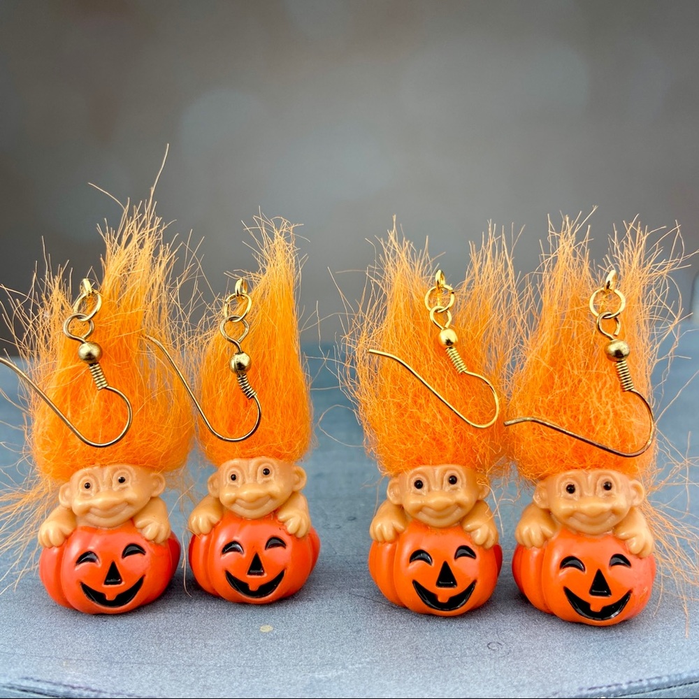 Vintage 90s Halloween Pumpkin Troll Doll Drop Earrings Russ Toys Trolls Movie